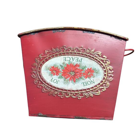 Red Metal Pot Tin Noel Joy Peace Christmas Holiday Flower Plant Planter Vase - Picture 7 of 16